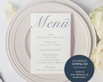 Cartes de menu de mariage, téléchargement instantané de menu, carte de menu modèle imprimable et modifiable, modèle de menu de mariage pour l’impression, menu de mariage DIY