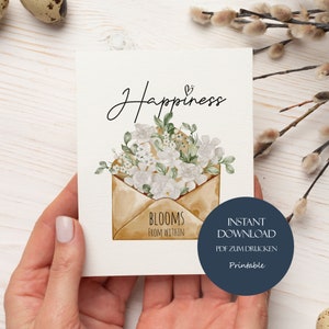 Postcard "Happiness Blooms From Within", A6 card spring, greeting card flower, greeting card for printing, birthday card flower download
