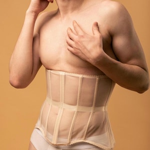 Beige men&#39;s corset of mesh with metal bones for waist training, vintage corset, beige mesh corset for man