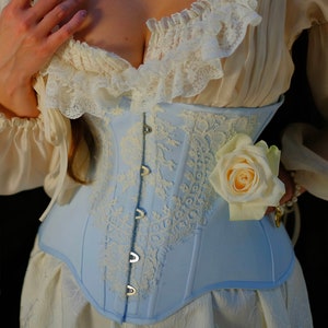 Custom made wide blue satin corset belt with white lace for woman, corset top, undwith buskerbust corset for waist, women corset