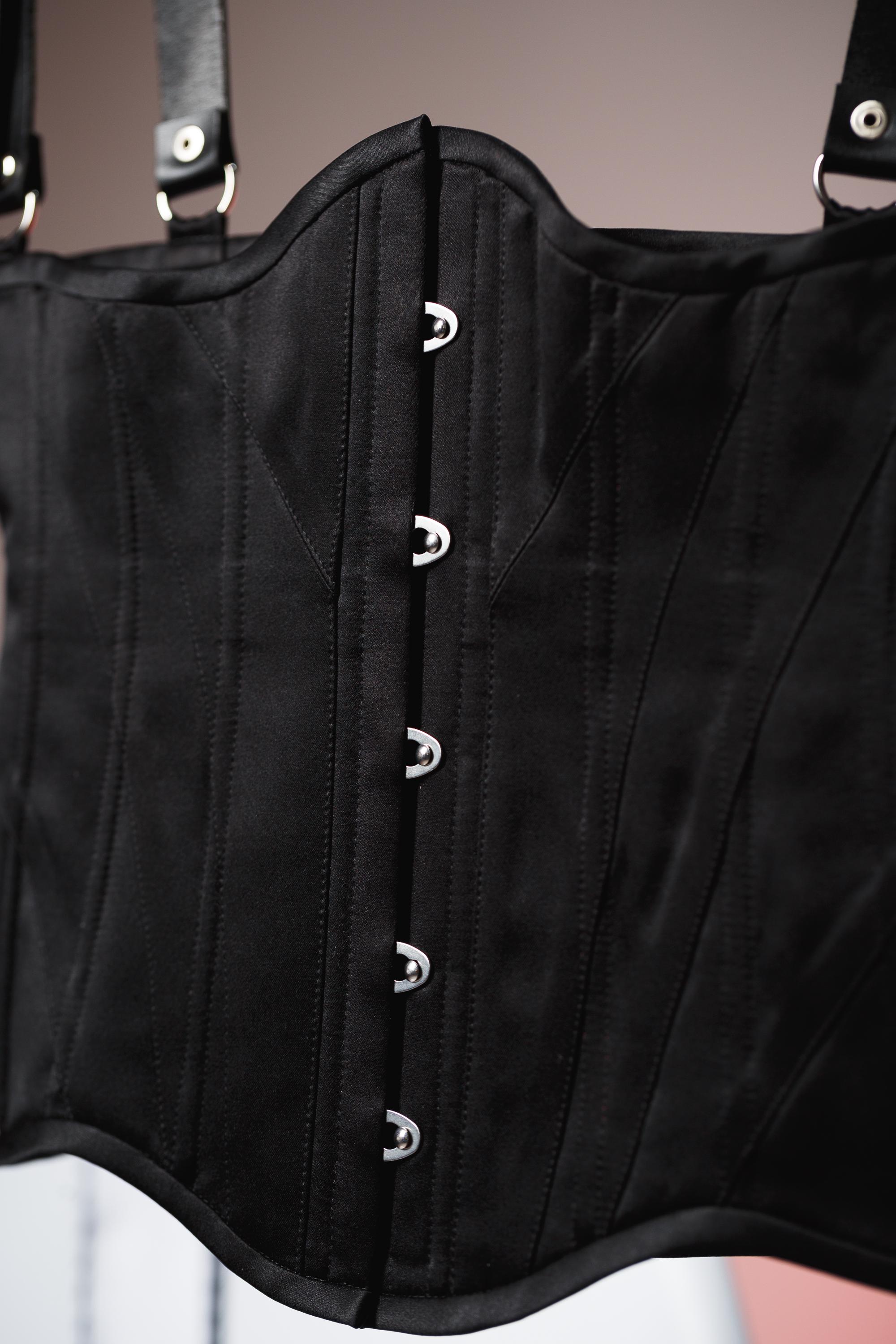 Custom Made Underbust Wide Black Satin Lace up Corset Belt 