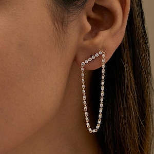 Lab Grown Diamond Bar Studs, 14K Solid Gold Moissanite Long Chain Earrings, Minimalist Dainty Chain Bar Studs, Everyday Party Look,