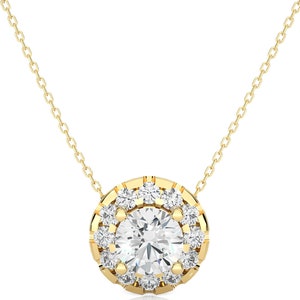 Round Cut Moissanite Diamond Necklace, 14K Solid Gold Diamond Necklace, Delicate Diamond Pendant Necklace, Classic Bridal Pendant Necklace