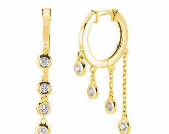 14K Gold Lab-Grown Diamond Hoop Earrings, Dangle Diamond Bezel Hoop Earrings, Chain Drop Huggie Earrings, Tiny Moissanite Huggies, Hoop Gold