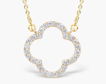 14k Gold Diamant Klee Halskette, offene vier Blatt Glücksklee Charm Halskette, Klee Anhänger, zierliche Diamant Halskette, Layering Halskette