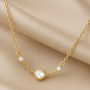 14K Gold 3 Lab Grown Diamond Station Necklace, Bezel Set Moissanite Station Necklace, Diamond Necklace, Minimalist Bridal Necklace for Gift