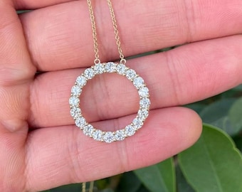 14K Gold Open Circle Moissanite Necklace, Round Cut Diamond Cluster Look, Gold Circle Necklace, Minimalist Necklace, Elegant Jewelry For Her