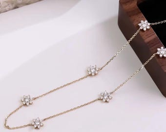 Unique Floral Design Set Round Cut Moissanite Studded Chain Necklace, Elegant 6 Flower Shape Embellished Jewelry Women Necklace In All Metal