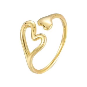 Double Heart Toe Valentine&#39;s Day Ring in 14K Solid Gold, Sterling Silver Promise Ring, Yellow Gold Plated Proposal Ring, Open Heart Ring