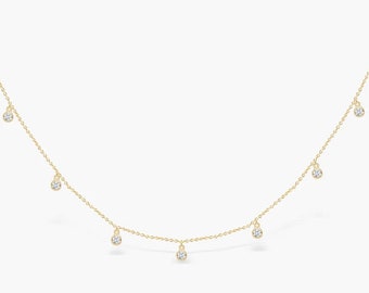 14k Rose Gold Diamant Station Halskette, Sterling Silber zierliche Halskette, minimalistische Halskette, überlagerte Halskette, Geburtstagsgeschenk, Geschenk für Sie