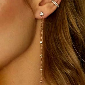 Dangle Bezel Set Round Cut Lab Grown Diamond Moissanite Earrings, 14K Solid Gold  Dangle Chain Studs, Dainty Earring, Minimalist Gold Chain