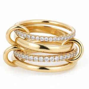 14K Gold Eternity Multi Link Ring, Lab Grown Diamond Link Connected Band, 4 Finger Moissanite Stacking Ring, Interlocking Silver Ring Set