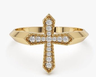 14K Solid Gold Cross Ring, Lab-Grown Diamond Ring, Religious Promise Ring, Spiritual Faith Jewelry Gift, Statement Ring, Custom Cross Band