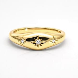 14K Gold Starburst Diamond Ring, Lab Grown Diamond Dome Ring, Moissanite Star Ring, Celestial Signet Ring, North Star Engraved Ring, For Her