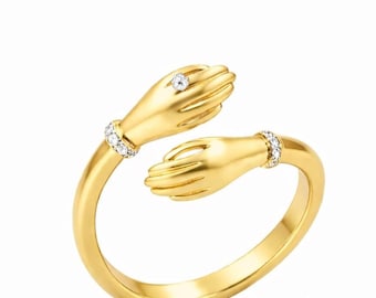 14K Gold Diamant Handring, Moissanit umarmt Hände Ring, einstellbarer offener Handring, Sterling Silber Handring, Umarmungsband, Ring für sie