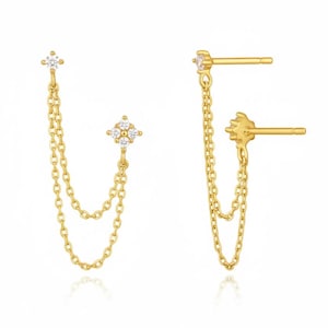 14K Gold Chain Stud Earrings, Moissanite Drop Earrings, Lab Grown Diamond Chain Earrings, Dainty Dangle Statement Earrings, Perfect Gift