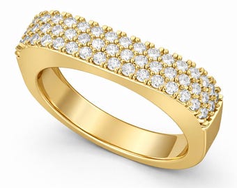 14Kゴールド モアッサナイト フラットバー 結婚指輪 3列 エタニティ シグネットバーリング オルタナティブ 幾何学的ステートメントリング 女性のための普段使いのジュエリー