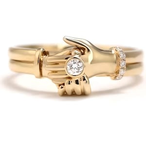 Beautiful  14K Gold Fede Ring, Holding Hands Ring, Hand Shake Ring, Vintage Fede Gimmel Ring, Opening Claddagh Ring, 925 Silver Fede Ring