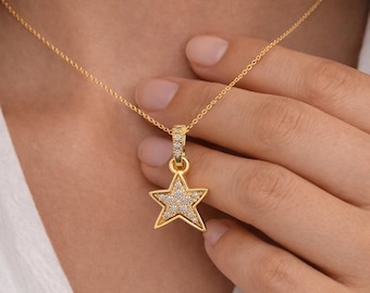 14K Solid Gold Star Pendant Necklace, Lab Grown Diamond & Moissanite, Dainty Jewelry Gift for Her, Minimalist Star Necklace for Any Occasion