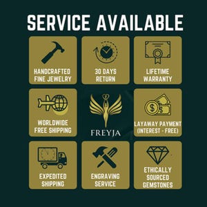 Peut inclure: Image avec le texte "SERVICE AVAILABLE" et des ic&ocirc;nes repr&eacute;sentant les services. Comprend "HANDCRAFTED FINE JEWELRY", "30 DAYS RETURN", "LIFETIME WARRANTY", "WORLDWIDE FREE SHIPPING", "LAYAWAY PAYMENT", "EXPEDITED SHIPPING", "ENGRAVING SERVICE", et "ETHICALLY SOURCED GEMSTONES".