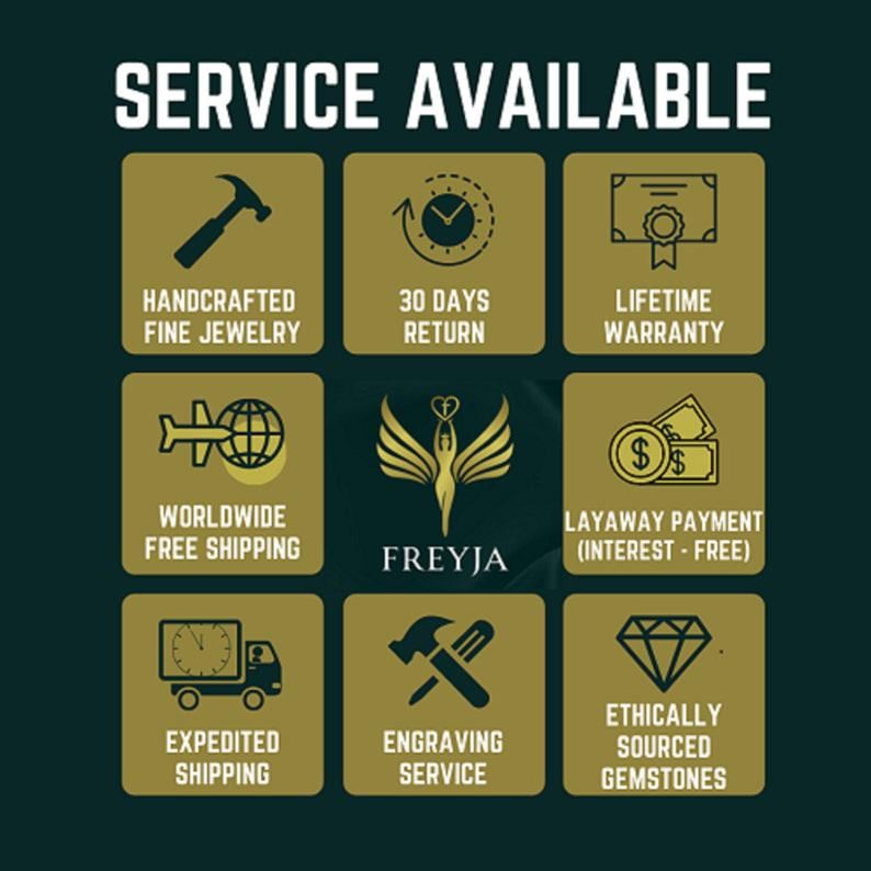 Peut inclure: Image avec le texte "SERVICE AVAILABLE" et des ic&ocirc;nes repr&eacute;sentant les services. Comprend "HANDCRAFTED FINE JEWELRY", "30 DAYS RETURN", "LIFETIME WARRANTY", "WORLDWIDE FREE SHIPPING", "LAYAWAY PAYMENT", "EXPEDITED SHIPPING", "ENGRAVING SERVICE", et "ETHICALLY SOURCED GEMSTONES".