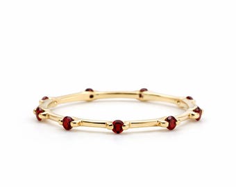 14K Gold Garnet Eternity Band Ring, Dainty Garnet Stackable Wedding Band, July Birthstone Ring, Minimalist Gemstone Jewelry Anniversary Gift