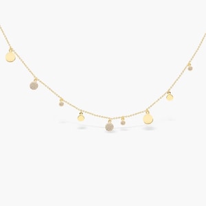 14k Gold Station Necklace, Dangling Diamond And Discs Necklace, Gold Discs Necklace, Multi Charms Choker Necklace, 925 Silver Necklace