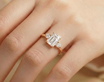 Anello di fidanzamento solitario in oro massiccio 14 carati con diamante sintetico taglio smeraldo, anello nuziale, regalo di anniversario per lei,