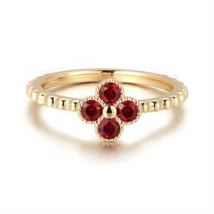 14k Gold Lab Grown Ruby Clover Ring, Ruby Ring, Gemstone Clover Ring, Stacking Ruby Ring, Unique Ruby Trendy Ring, July Birthstone Ring