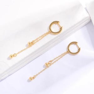 Dangle Beads Chain Huggie Earrings, 14K Yellow Gold Hoop Earrings Huggie Chain Earring, Minimalist Jewelry Special Gift For Christmas Day
