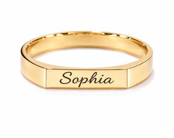 Chevalière plate personnalisée, bague barre initiale en or 14 carats, dessus plat géométrique minimaliste, alliance fine empilable pour homme et bague unisexe sa promesse