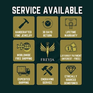 May include: A dark green informational graphic titled SERVICE AVAILABLE featuring nine gold squares with black icons and text. Icons include a hammer, clock, certificate, airplane, Freyja logo, money, truck, tools, and diamond, detailing jewelry services.