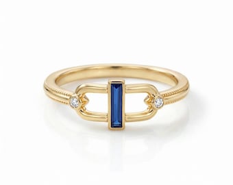 Minimalist Lab Blue Sapphire Baguette Bar Ring, 14K Gold Link Chain Ring, Modern Geometric Oval Ring, Unique Stackable Ring, Gift For Her