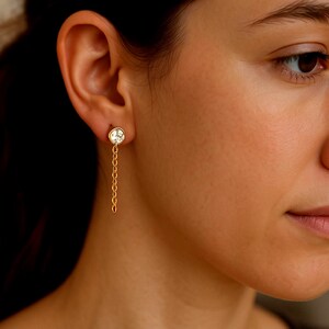 Dangling Lab Grown Diamond Cartilage Earrings | 10K 14K 18K Gold | Dainty Round Cut    Chain Stud Earrings | Chain Drop Piercing Earrings