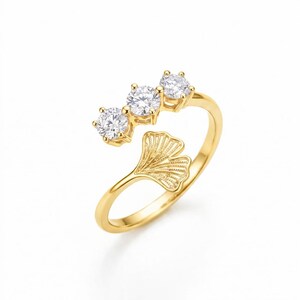 Ginkgo Leaf Three Stone Lab Grown Diamond Ring, 14K Gold Open Cuff Ring, Botanical Leaf Design Bypass Ring Adjustable Stackable Promise Ring