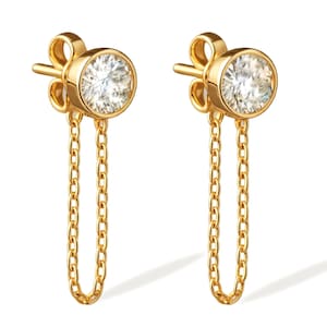 Dangling Lab Grown Diamond Cartilage Earrings | 10K 14K 18K Gold | Dainty Round Cut    Chain Stud Earrings | Chain Drop Piercing Earrings