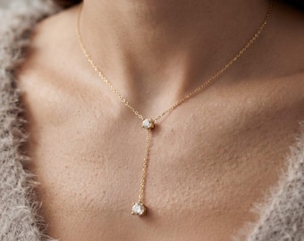 Labor gewachsene Diamant Y Halskette, 14K Gold Lariat Halskette, Zierliche Baumeln Ketten Halskette, Minimalistischer Brautschmuck Jahrestag Geschenk Für Sie