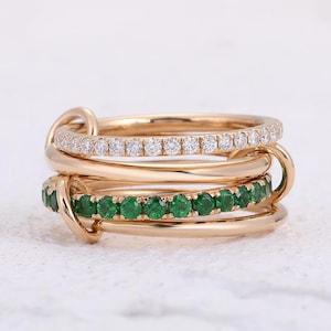 Connector Ring with Lab Diamonds & Lab Emerald, Multi Link Moissanite Band, Gold 4 Connector Band, Eternity Multi Band Ring, Gift for Her