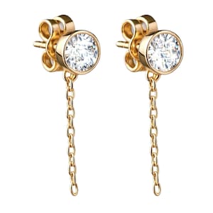 Dangling Lab Grown Diamond Cartilage Earrings | 10K 14K 18K Gold | Dainty Round Cut    Chain Stud Earrings | Chain Drop Piercing Earrings