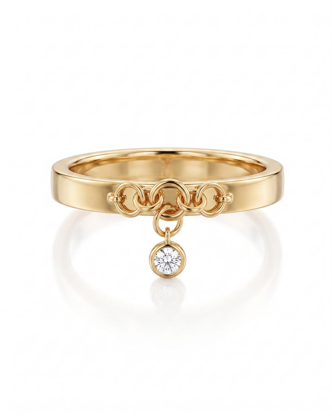 Minimalist Gold Chain Link Ring With Dangling Diamond Charm, 14K Dainty ...