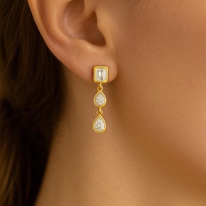 Emerald & Pear Cut Lab Diamond Dangle Earrings, Gold Bezel Set Diamond Earrings, Three Stone Drop Earrings, Fancy Cut/Multi Shape Earrings