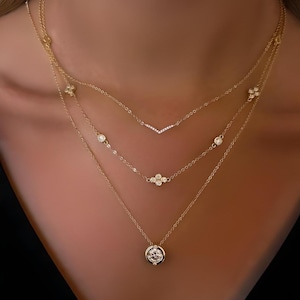 14K Gold Bezel Diamond Station Necklace, By the Yard Necklace, Moissanite Cluster Chain Necklace, Dainty Gold Necklace, Layering Necklace