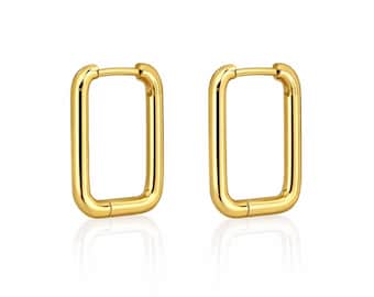 14K Gold Rectangular Hoop Earrings, Dainty U Shape Earrings, Geometric Earrings, Minimalist Gold Hoop Earrings, Oblong Hoops, Silver Hoops