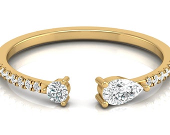 Anello aperto con diamante moissanite rotondo in oro giallo 14 carati, mezza eternità, regalo a fascia aperta per il suo anello impilabile, regalo di anniversario di gioielleria raffinata