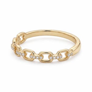 14K Gold Pave Lab Grown Diamond Chain Link Ring, Dainty Minimal Stacking Band, Interlocking Link Wedding Band, Anniversary Gift For Wife