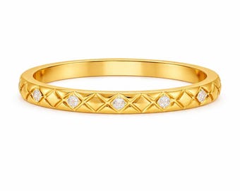 14K Gold Moissanite Half Eternity Band, Lab Grown Diamond Pattern Ring, Dainty Stacking Geometric Wedding Band, Minimalist Anniversary Ring