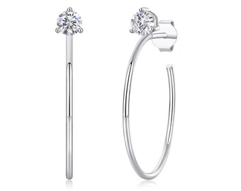 14K Solid Gold Lab Grown Diamond Hoop Earrings, Solitaire Moissanite Engagement Hoop Earrings, Minimalist Bridal Stud Hoop Earrings, For Her