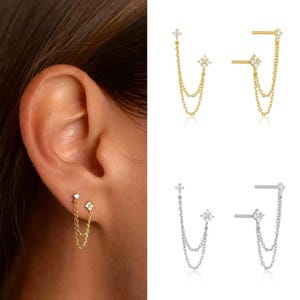 Gold Chain Stud Earrings | Double Piercing Earrings with Lab Diamond moissanite, Dainty Gold Bridal Jewelry | Gift for Her | Minimalist Look