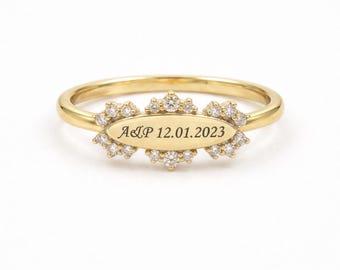 Bague prénom gravée personnalisée, chevalière ovale en or 14 carats avec diamants cultivés en laboratoire, bijoux d'initiale personnalisés, bague de promesse, cadeau d'anniversaire pour elle