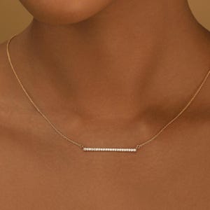 14k Gold Diamond Bar Necklace, Moissanite Bar Necklace, Gold Bar Pendant, Floating Necklace, Delicate Flat Bar Necklace, Bridal Necklace